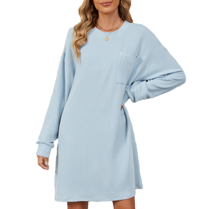 Round Neck Striped Pocket Loose Long Sleeve Dress-Lady Dresses-Zishirts