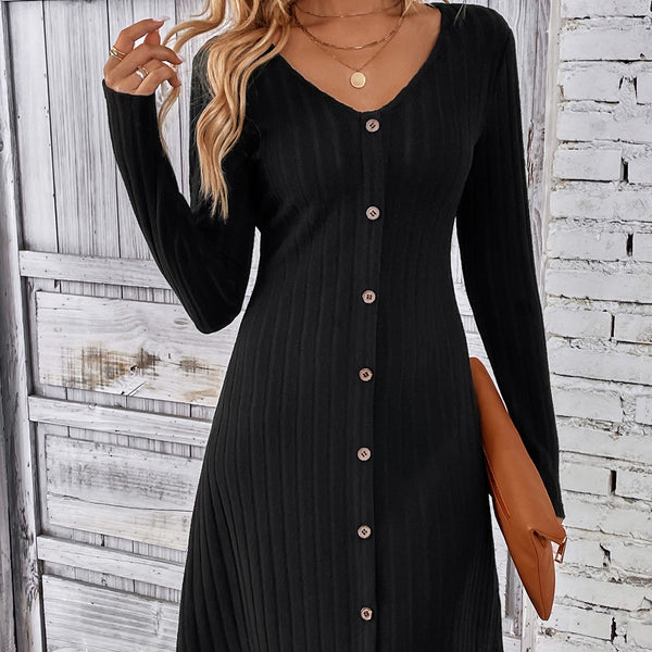 Fashion Button Waist-controlled Long Sleeves Dress-Lady Dresses-Zishirts