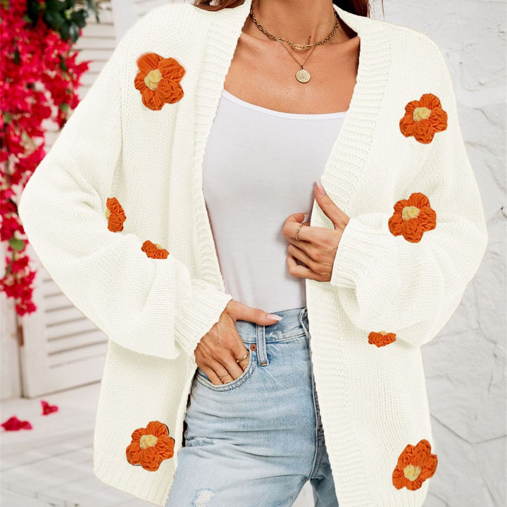 Women's Fashion Casual Flower Cardigan Lantern Sleeve Sweater Coat-Sweaters-Zishirts