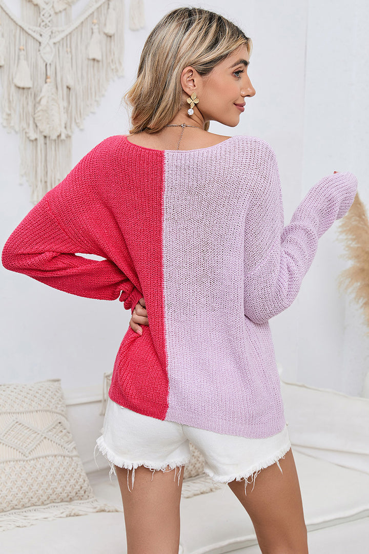 New Color Matching V-neck Pullover Sweater Knitted Long-sleeved Top-Sweaters-Zishirts