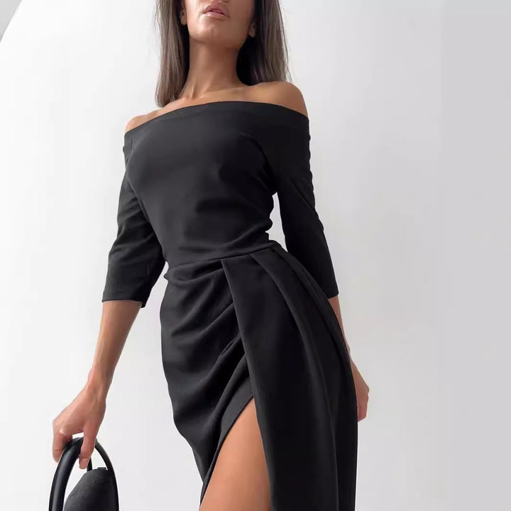 Women's Off-neck Long Sleeve Waist Slit Dress-Lady Dresses-Zishirts