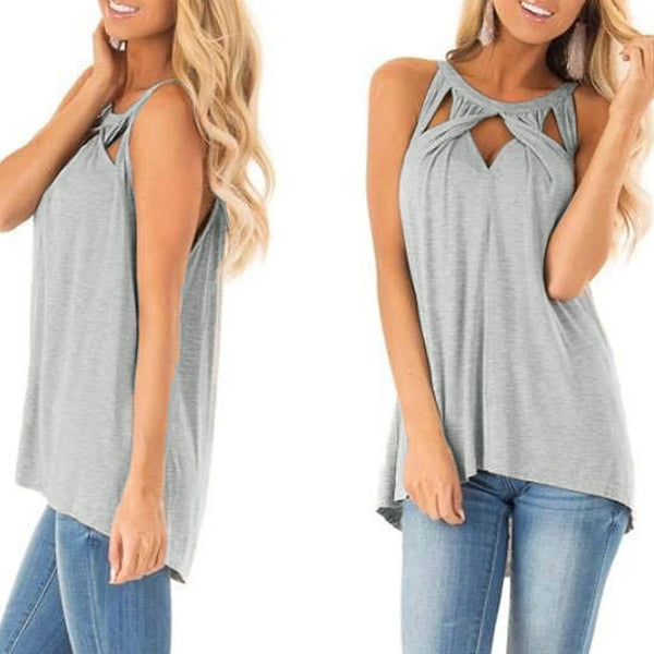 Women's Fashion Casual Solid Color Hollow-out Halter T-shirt-Blouses & Shirts-Zishirts