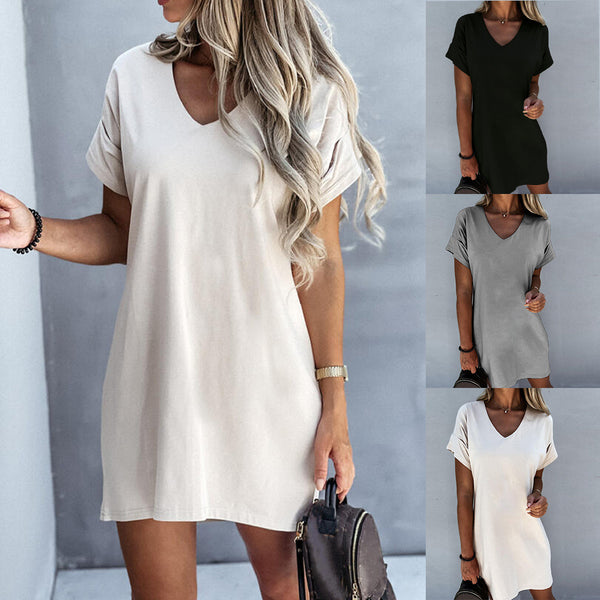 Women's Short Sleeve V-neck Solid Color Loose Dress-Women's Outerwear 2023-Zishirts