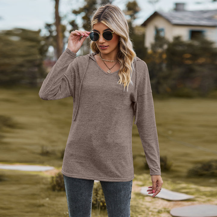 Solid Color And V-neck Hooded Long-sleeved Casual Bottoming T-shirt-Blouses & Shirts-Zishirts