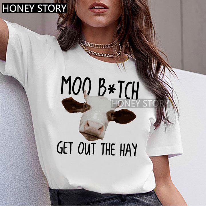 T-shirt Animal Cute Pattern Round Neck White Short-sleeve Top-Women's Outerwear 2023-Zishirts