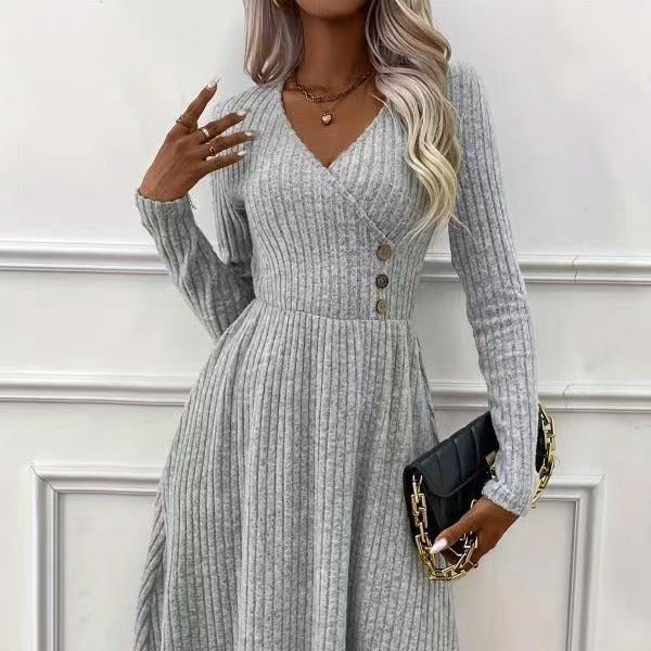 Fashion Temperament Pure Color Stitching Dress Sweater-Lady Dresses-Zishirts