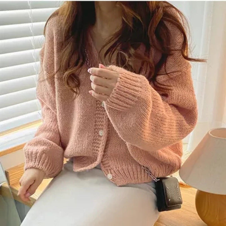 Women's Round Neck Single-breasted Loose Long-sleeved Knitted Sweater-Sweaters-Zishirts