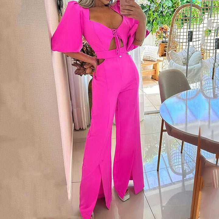 Summer Fashion V-neck Half Sleeves Midriff Outfit Loose Solid Color Jumpsuit-Women's Outerwear 2023-Zishirts