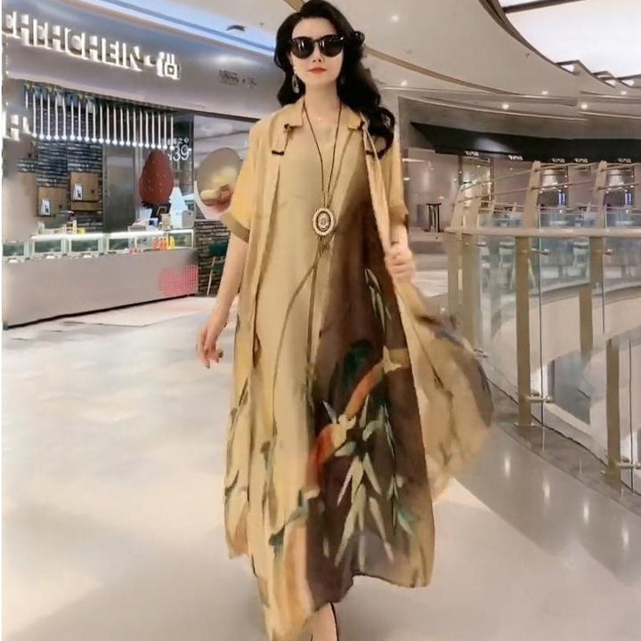 Cross-border New Arrival Artificial Silk Blended Dress Two-piece Loose Suit Printed Skirt-Womens 2024 March-Zishirts