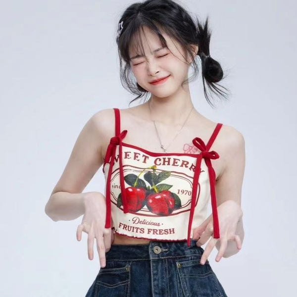 Sweet Spicy Girl Cherry Print Camisole-Blouses & Shirts-Zishirts