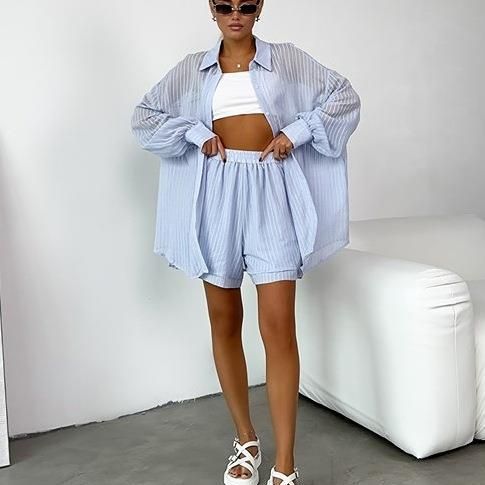 Women's Summer Casual Long-sleeved Texture Shirt Long Sleeve Shorts Two-piece Set-Suits & Sets-Zishirts