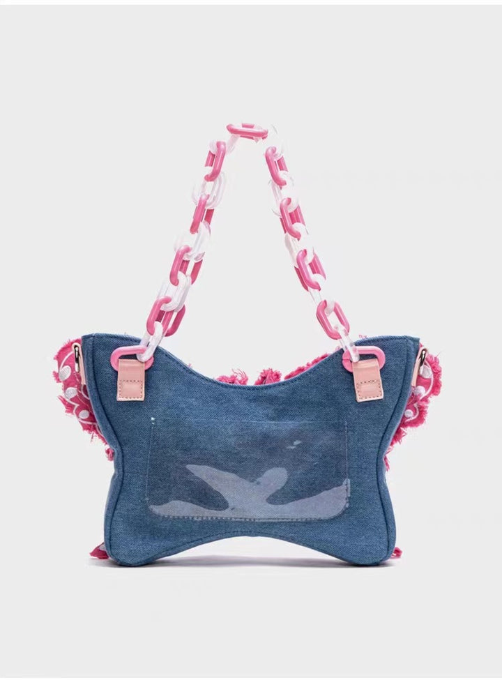 Original Denim Butterfly Contrast Color Acrylic Chain Shoulder Messenger Bag-Women's Bags-Zishirts