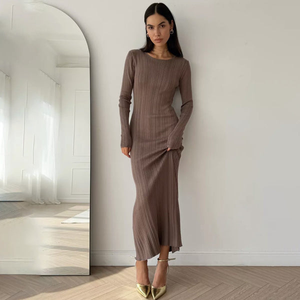 Sunken Stripe Waist-tight Hip Knitwear Dress Long Sleeve-Lady Dresses-Zishirts