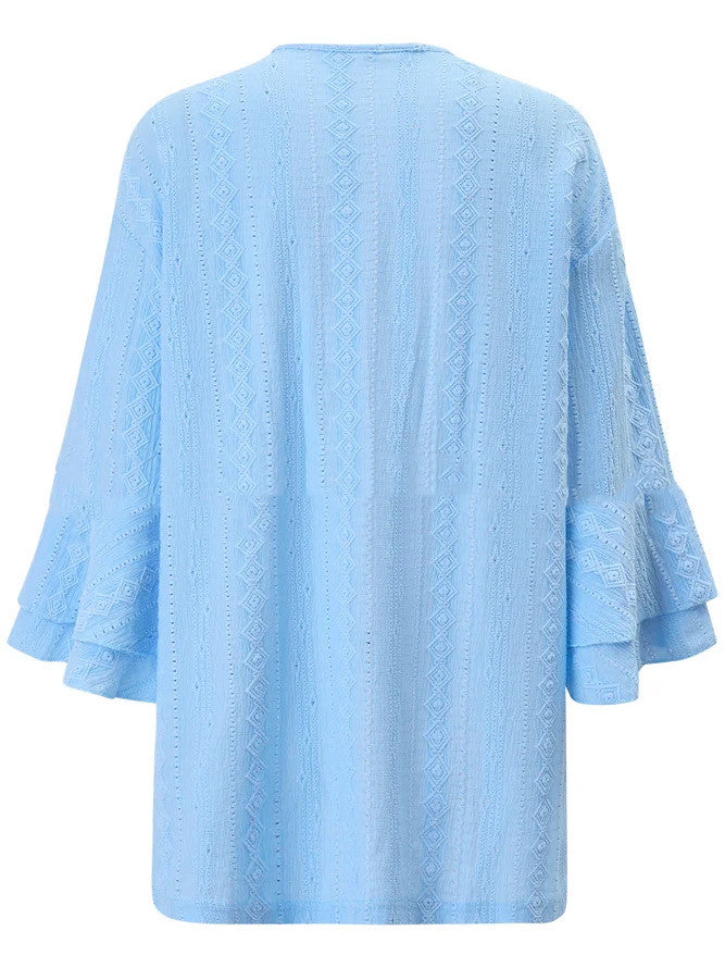 Casual Solid Color Loose Smocking Jacquard Cardigan Top-Sweaters-Zishirts