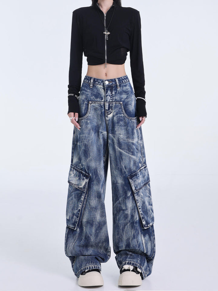 Retro Heavy Industry Washed Tie-dyed Jeans Straight Wide Leg Overalls-Woman Jeans-Zishirts