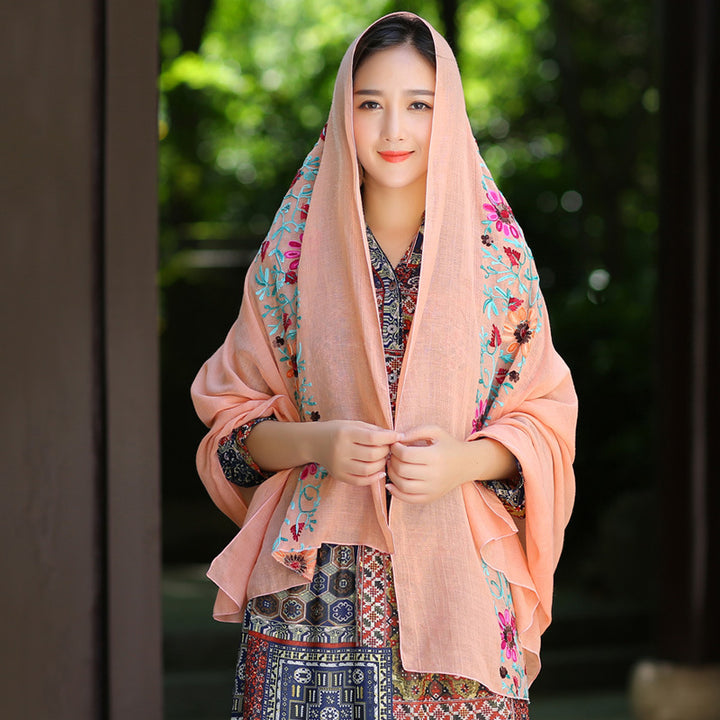 Ethnic Style Embroidered Floral Scarf Shawl Sunscreen Silk Female-Scarves & Wraps-Zishirts