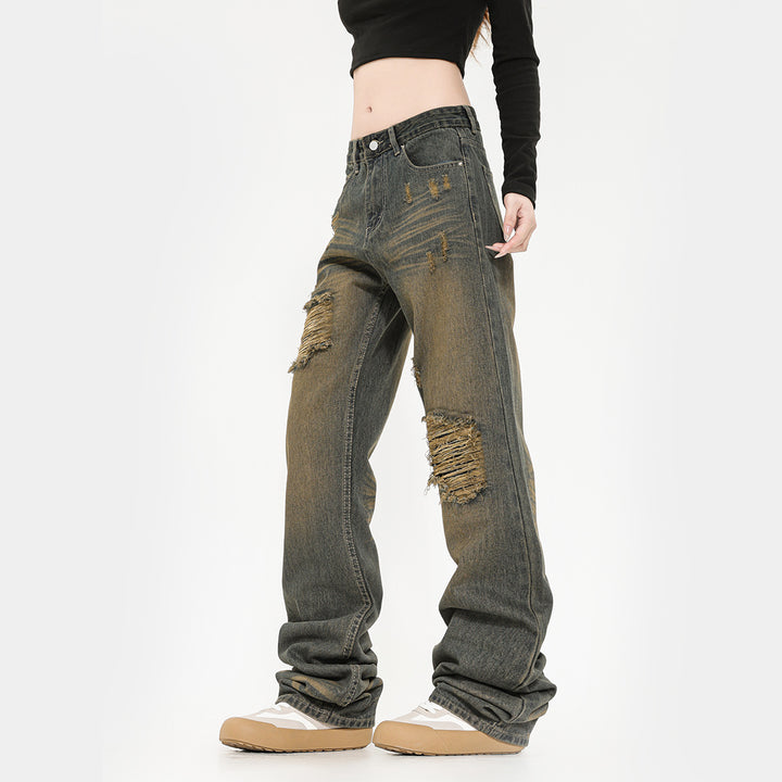 Retro Washed Ripped Jeans Straight American High Street Jeans-Woman Jeans-Zishirts