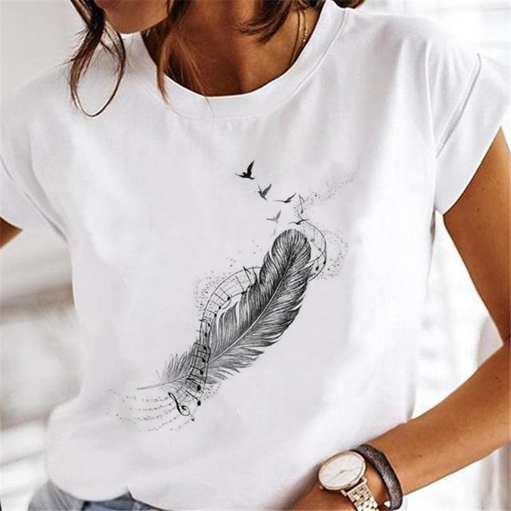 Feather Fashion Print Round Neck Sports Short Sleeve-Womens 2024 March-Zishirts