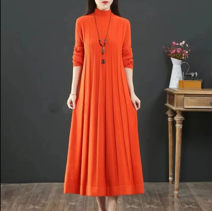 Women's Loose Solid Color Sweater Pleated Dress-Lady Dresses-Zishirts