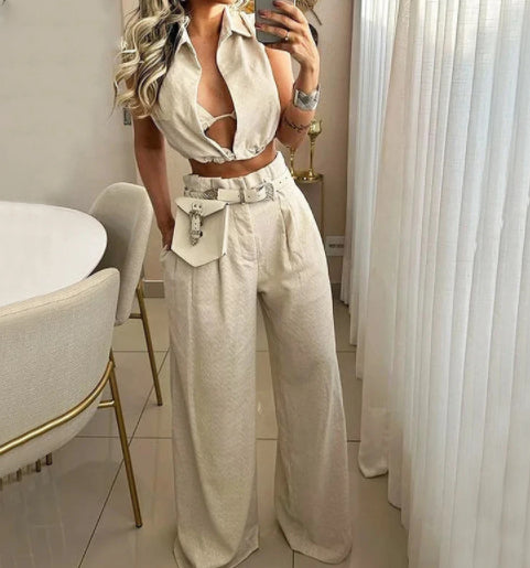 Solid Color Lapel Sexy Sleeveless Top Casual Pants Set-Women's Outerwear 2023-Zishirts