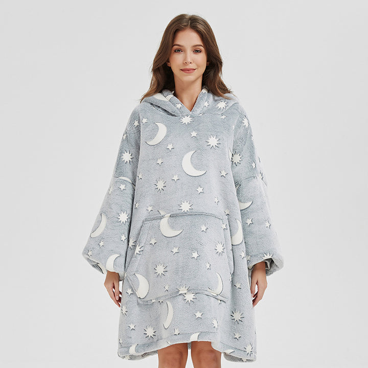 Winter Plush Hoodie Blanket Home Clothes With Stares Moon Luminous Design Oversized Pockets Pullover Nightgown Lazy Warm Homewear Pajamas-Jackets-Zishirts