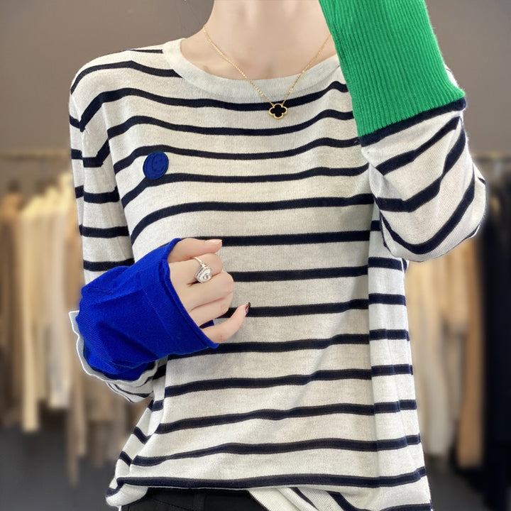Double-layer Contrast Color Sleeves With Stripes Sweater-Sweaters-Zishirts