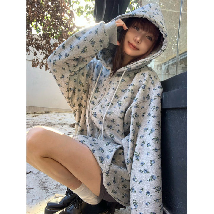 Autumn Retro Loose Hooded Fleece-lined Floral Sweater Coat-Women's Outerwear 2023-Zishirts