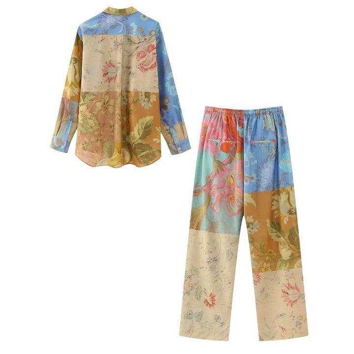 Stitching Printing Shirt Patchwork Pajamas Style Bell-bottom Pants-Suits & Sets-Zishirts