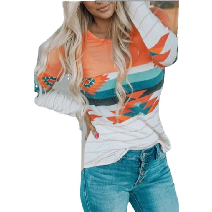Women's Printed Round Neck Knitted Long-sleeved Top T-shirt-Blouses & Shirts-Zishirts