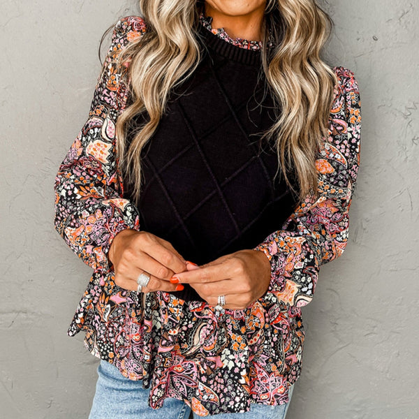 Floral Print Splicing Pullover Sweater Women Loose Contrast Color Long Sleeves Top Women-Women's Outerwear 2023-Zishirts