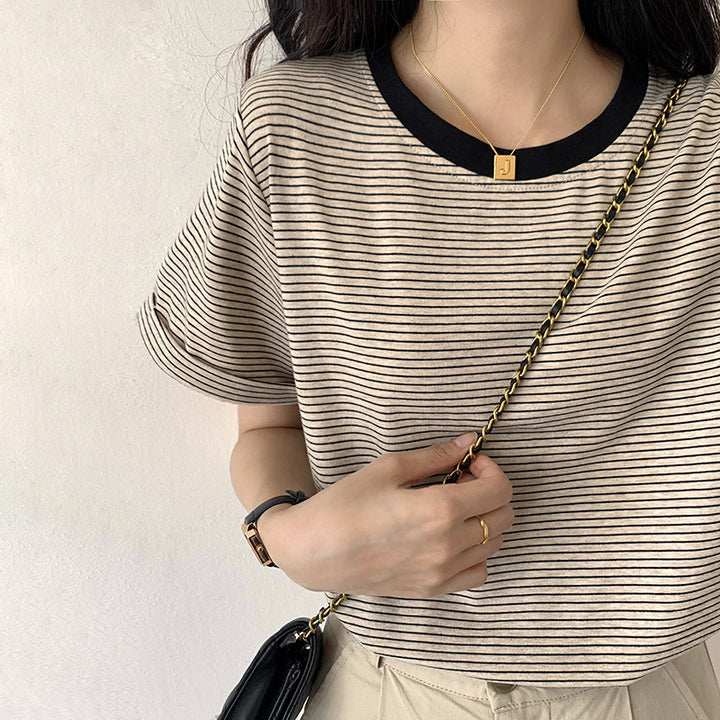 Autumn And Winter Brown Pullover Base Short Sleeve Turtleneck Round Neck Temperament Commute Striped Loose Cotton Base Shirt-Blouses & Shirts-Zishirts