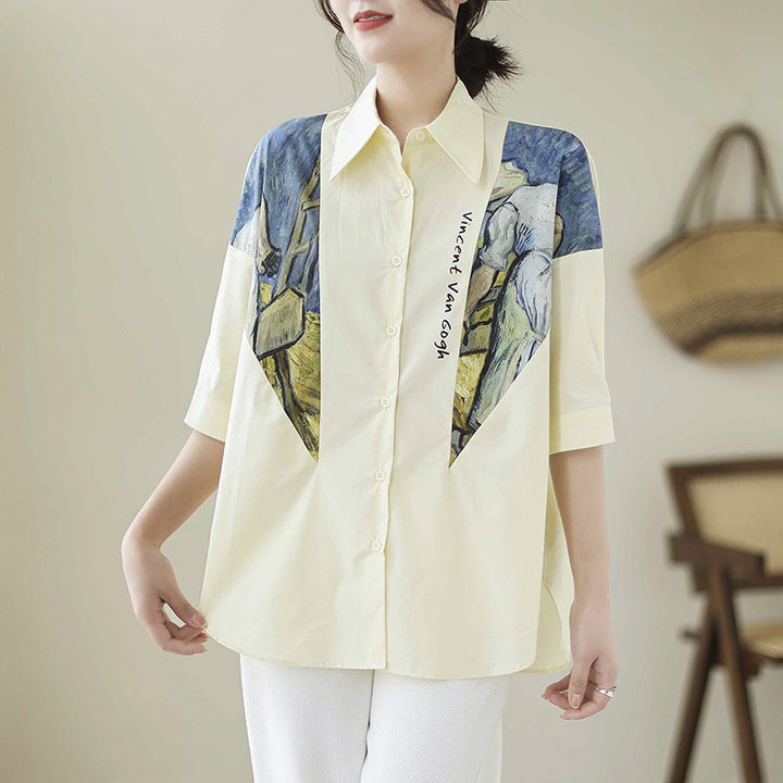 Cotton And Linen Large Size Loose Stitching Short Sleeve Shirt-Blouses & Shirts-Zishirts