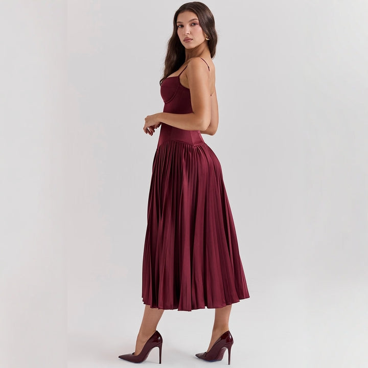 Spaghetti Straps Sleeveless Slim-fit Pleated Dress-Lady Dresses-Zishirts