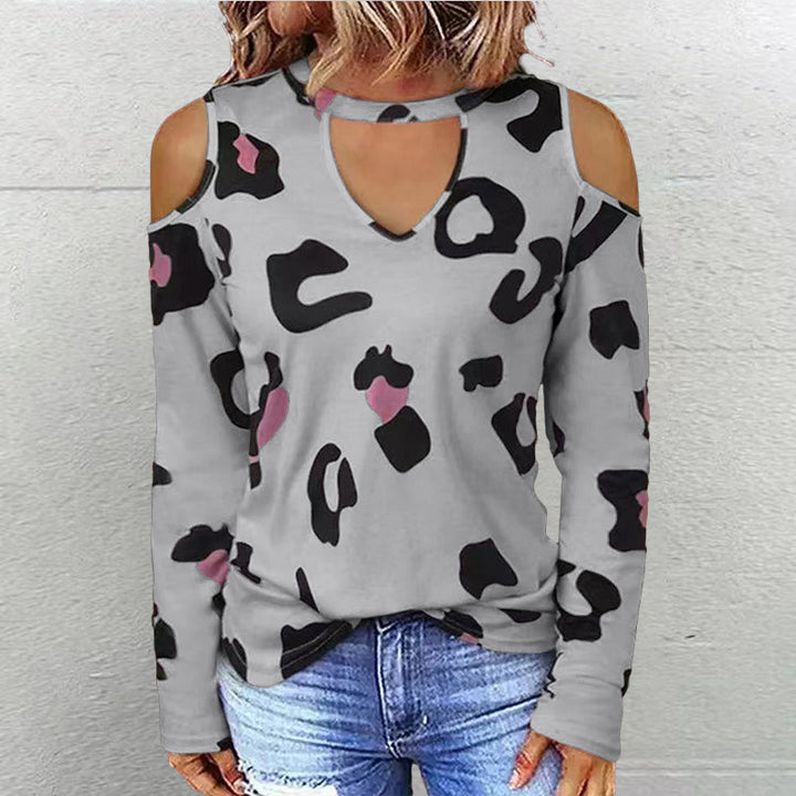 Women's Fashion Casual Printing Off-shoulder Loose Long-sleeved T-shirt-Blouses & Shirts-Zishirts