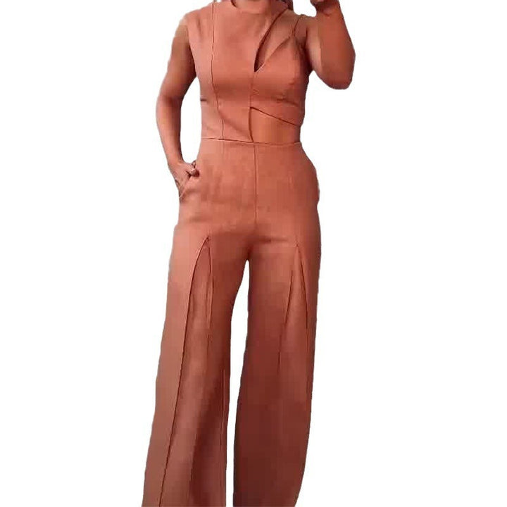 Fashion Round-neck High Waist Solid Color Hollow Out Wide Leg Jumpsuit-0-Zishirts