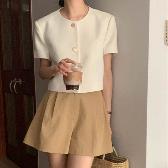 Summer Elegant Classic Style Round Neck Single-breasted Loose Leisure All-matching Puff Sleeve Short Coat For Women-Blouses & Shirts-Zishirts