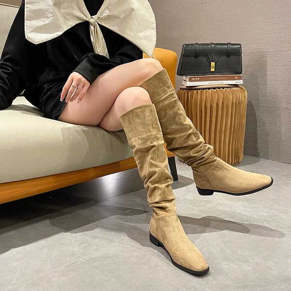 Female Vintage Suede Chunky Heel Square Toe Knight Boots-Womens Footwear-Zishirts