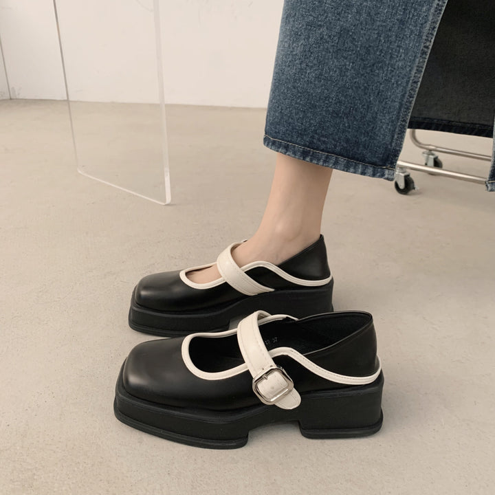 Thick-soled British Style Small Leather Shoes French Square Toe Mary Jane-Womens Footwear-Zishirts