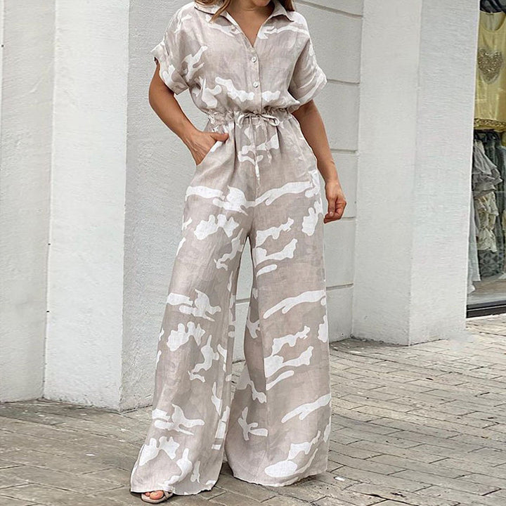 Fashion Polo Collar Printed Button Lace-up Jumpsuit-Women's Outerwear 2023-Zishirts