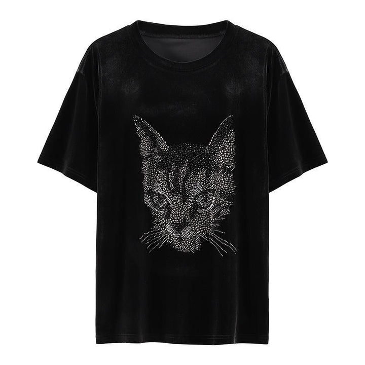 Cat Head Rhinestone Customized Velvet Short Sleeve-Blouses & Shirts-Zishirts