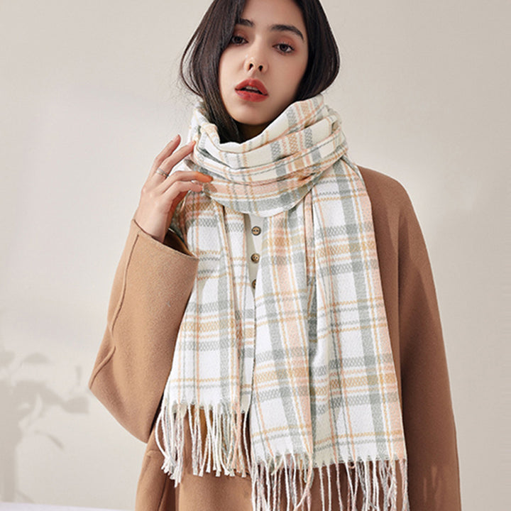 Women's Fashionable Plaid Printed Tassel Shawl Warm Scarf-Scarves & Wraps-Zishirts