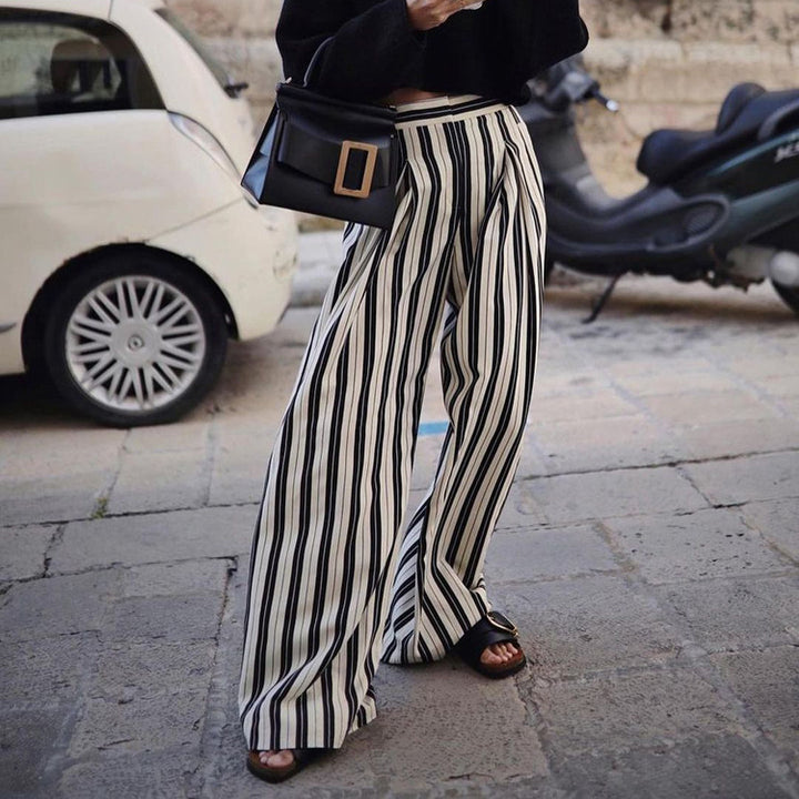 Women's Fashion Casual Black And White Striped Wide-leg Pants-Suits & Sets-Zishirts