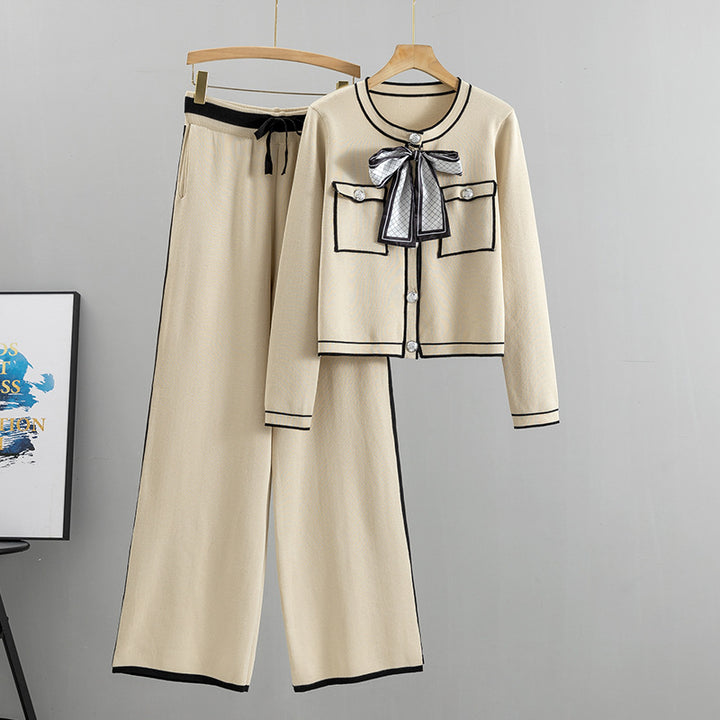Women's Fashion Business Knitted Cardigan Wide-leg Pants Two-piece Set-Suits & Sets-Zishirts