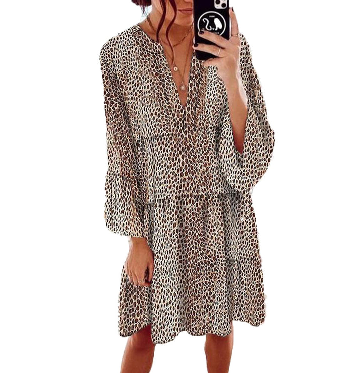 Women's Clothing Leopard Print V-neck Plus Size Loose Long Sleeve Dress-Womens 2024 March-Zishirts