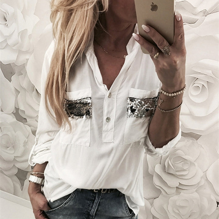 Solid Color And V-neck Sequined Pocket Shirt Loose Long Sleeve Shirt-Blouses & Shirts-Zishirts