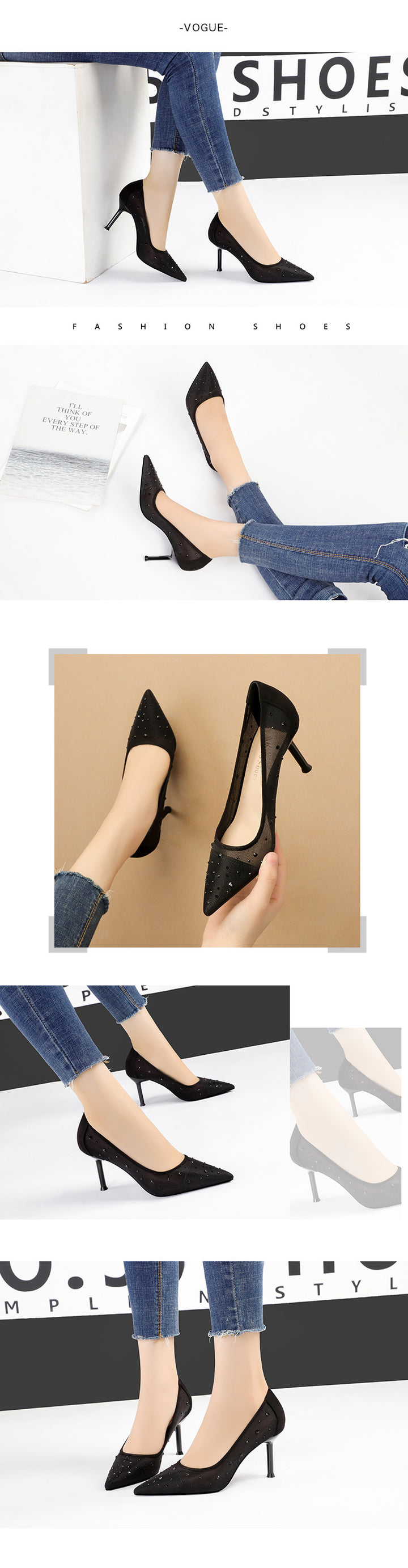 Korean Fashion Pointed Toe Rhinestone High Heels Mesh Stiletto Heel-Womens Footwear-Zishirts