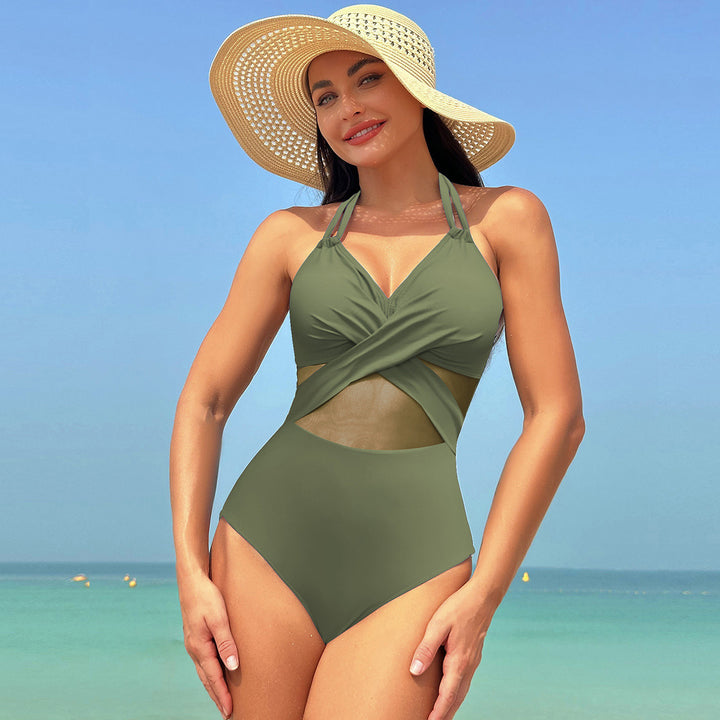 Halter-neck One-piece Swimsuit Summer Solid Color Cross-strap Design Mesh Bikini Beach Vacation Womens Clothing-Womens 2024 March-Zishirts