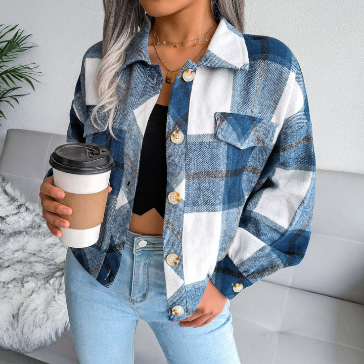 Plaid Lapel Cropped Jacket Fashion Loose Button Long Sleeve Short Outwear Tops Coat For Womens Clothing-Jackets-Zishirts