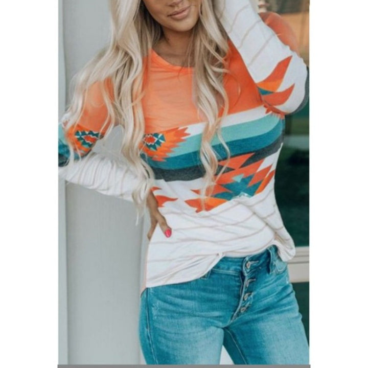 Women's Printed Round Neck Knitted Long-sleeved Top T-shirt-Blouses & Shirts-Zishirts