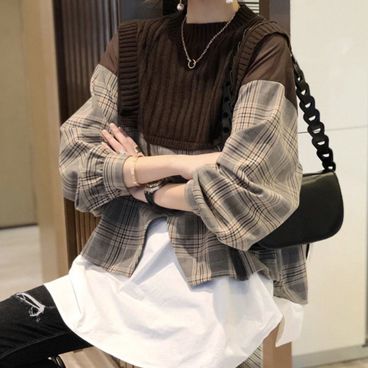 New Loose Shirt Splicing Knitwear Women Fake Two Pieces Western Style Shirt-Sweaters-Zishirts